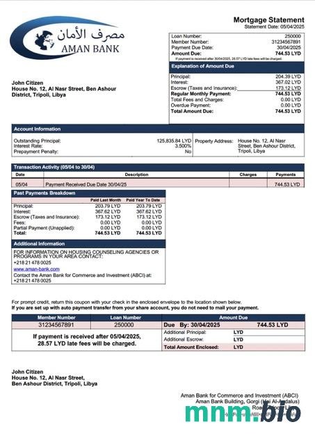 Libia Aman Bank for Commerce and Investment (ABCI) wyciąg z kredytu hipotecznego szablon Word i PDF
